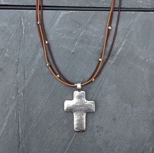 Silpada Necklace #N1833 Sterling Silver & Brown Leather #S2025 Cross Pendant